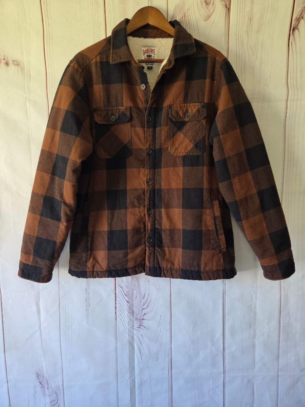 Oak & Rye Buffalo Plaid Flannel Shirt Jacket, Men’s M. Brown/Black, warm sherpa-